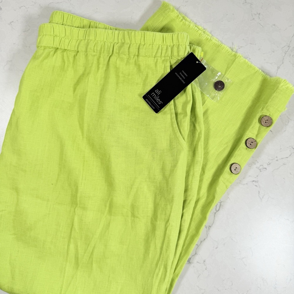 Ali Miles Lime Womens Cropped Linen Blend Pockets Wide Leg Artsy Fringe Pants 2X - Picture 16 of 16